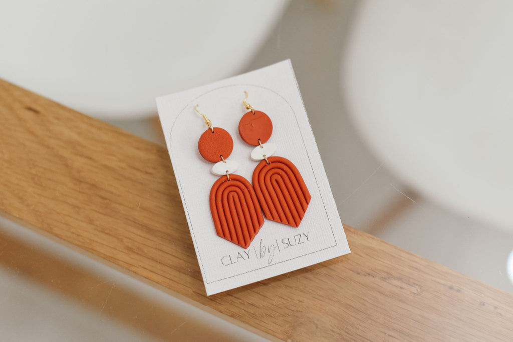 BH1 Boho Dangle Earrings – Neutral Earth Tone Polymer Clay Jewelry – Brown Caramel Burnt Orange Statement Earrings – Lightweight Handmade