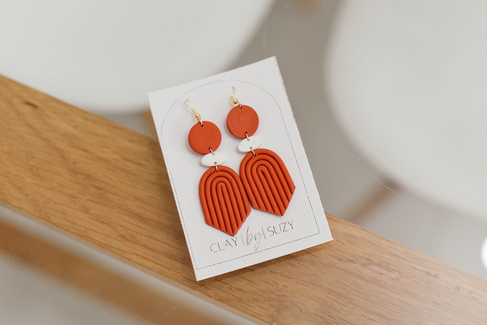 BH1 Boho Dangle Earrings – Neutral Earth Tone Polymer Clay Jewelry – Brown Caramel Burnt Orange Statement Earrings – Lightweight Handmade