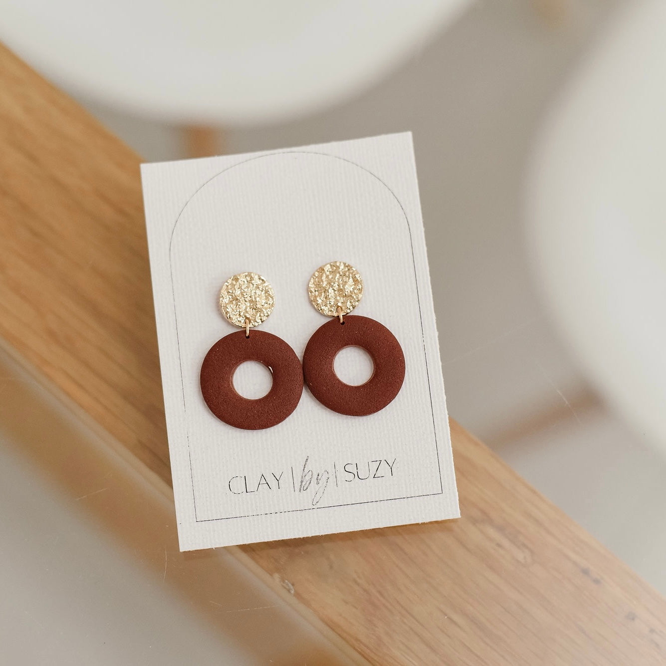 BH3 Boho Dangle Earrings – Neutral Earth Tone Polymer Clay Jewelry – Brown Caramel Burnt Orange Statement Earrings – Lightweight Handmade