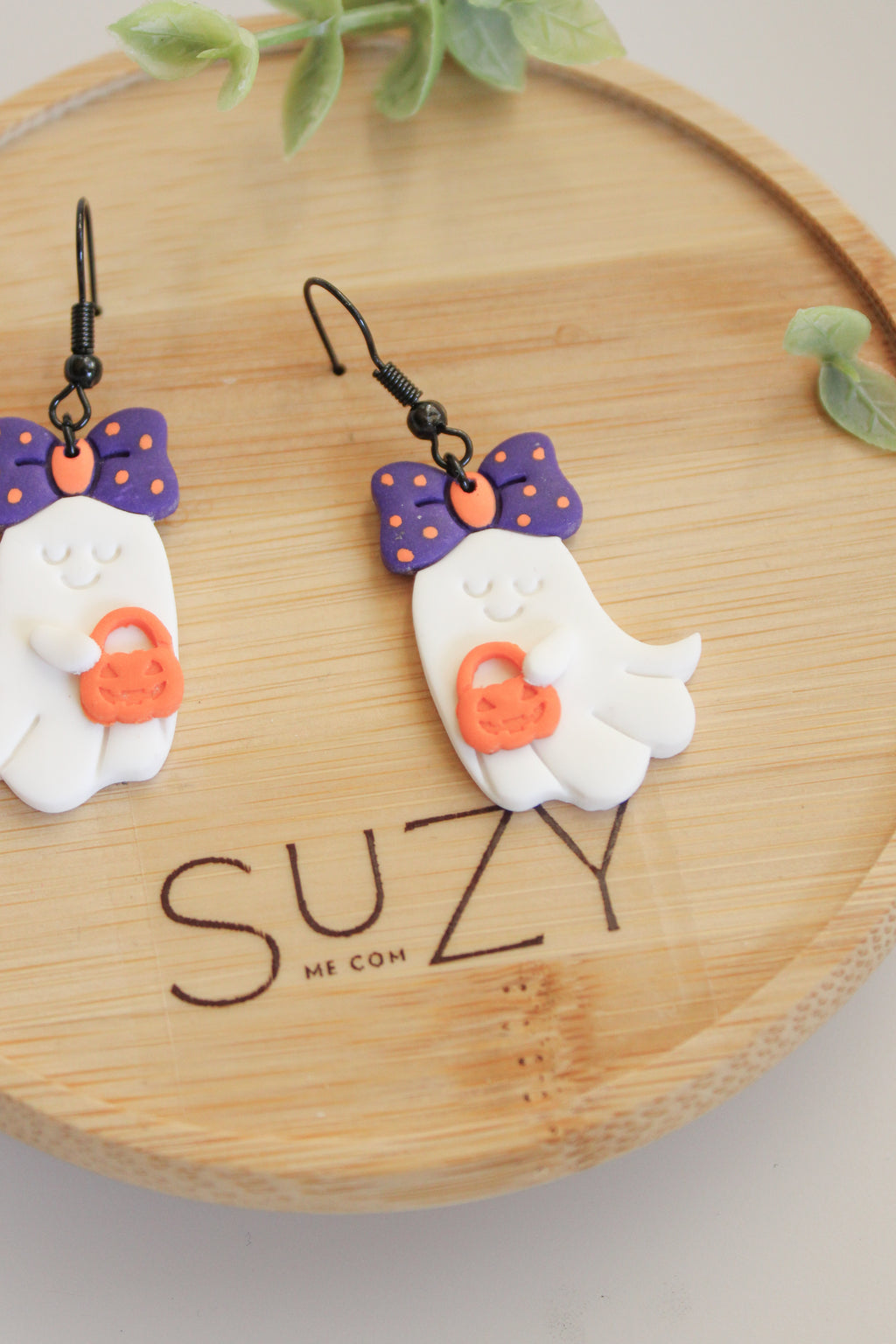 LH1 Ghost Bow Earrings – Cute Halloween Polymer Clay Lightweight Dangle Earrings | Hypoallergenic Stainless Steel | Gift for Her | Boutique