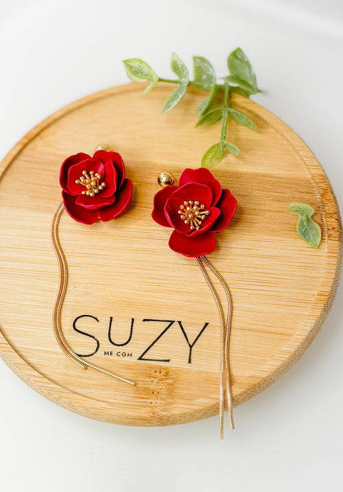 Delicate Red Flower With Gold Dangles, Lightweight Handmade Jewelry, Boutique Gift for Her