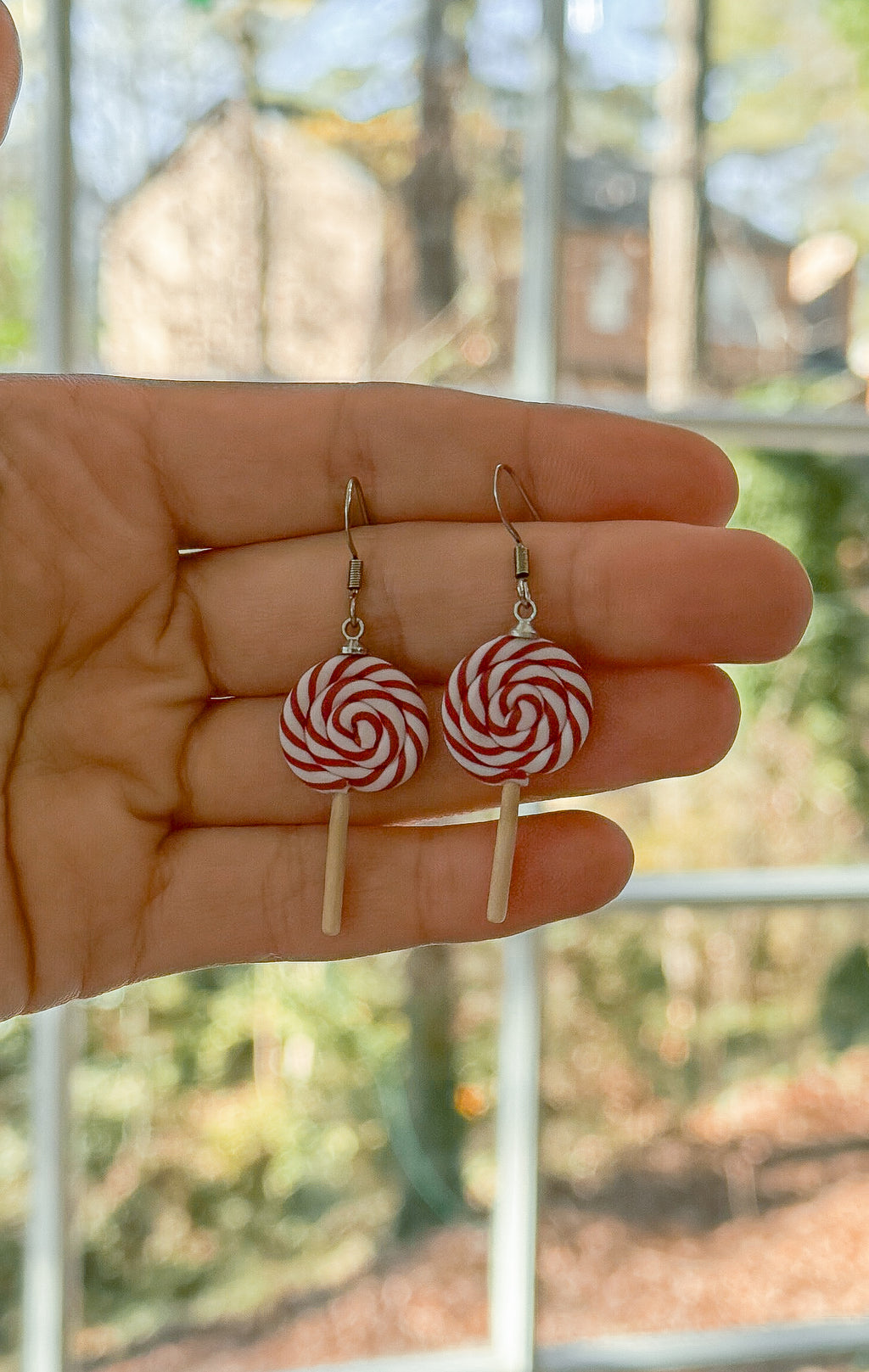 Handmade Christmas Lollipop Earrings – Red and White Polymer Clay Dangles, Holiday Jewelry Gift.