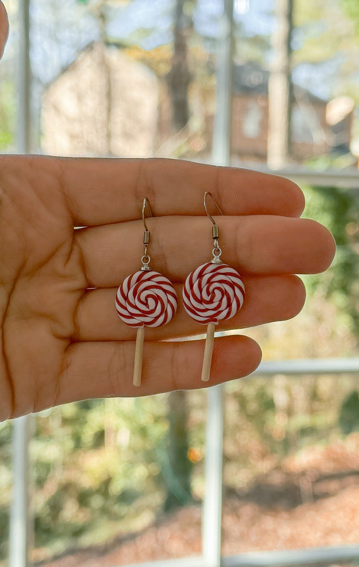 Handmade Christmas Lollipop Earrings – Red and White Polymer Clay Dangles, Holiday Jewelry Gift.