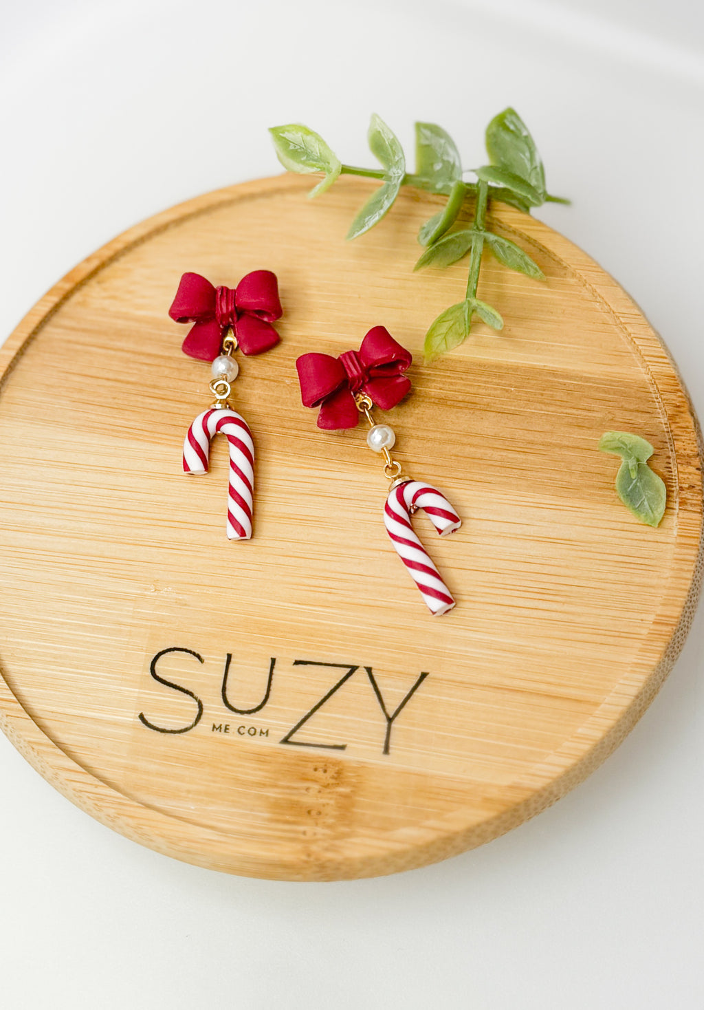 Handmade Christmas Candy Cane & Bow Earrings, Necklace – Red and White Polymer Clay with Pearl Accents, Holiday Jewelry Gift