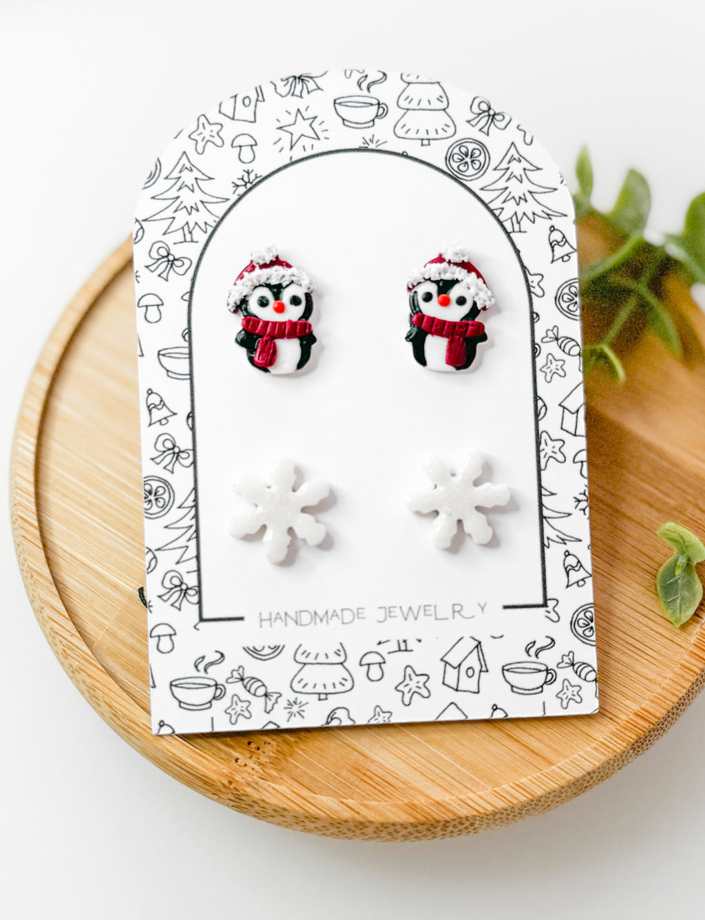 Christmas Stud Earring Set – Mini Penguin & snowflake, Handmade Polymer Clay Holiday Jewelry