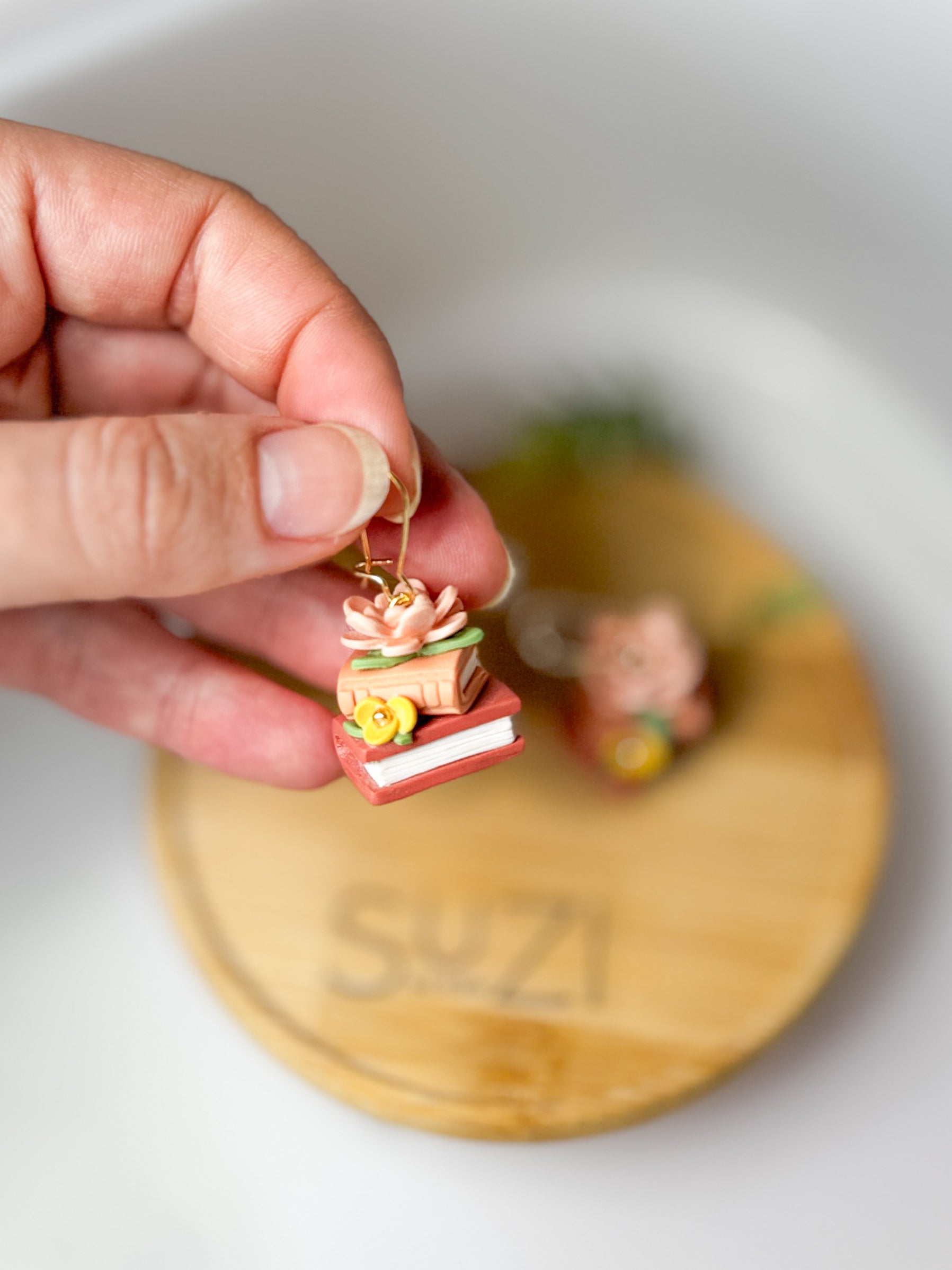 PUG1 Dainty Floral Bookish Inspired Earrings, Handmade Polymer Clay Dangle, Gift, Soft Colors