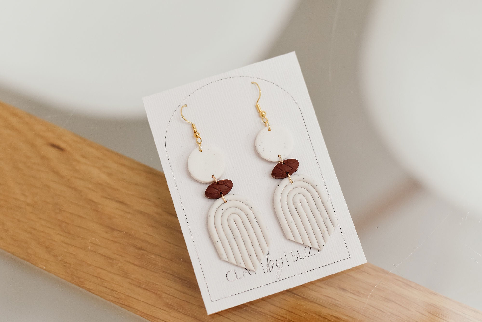 BH1 Boho Dangle Earrings – Neutral Earth Tone Polymer Clay Jewelry – Brown Caramel Burnt Orange Statement Earrings – Lightweight Handmade