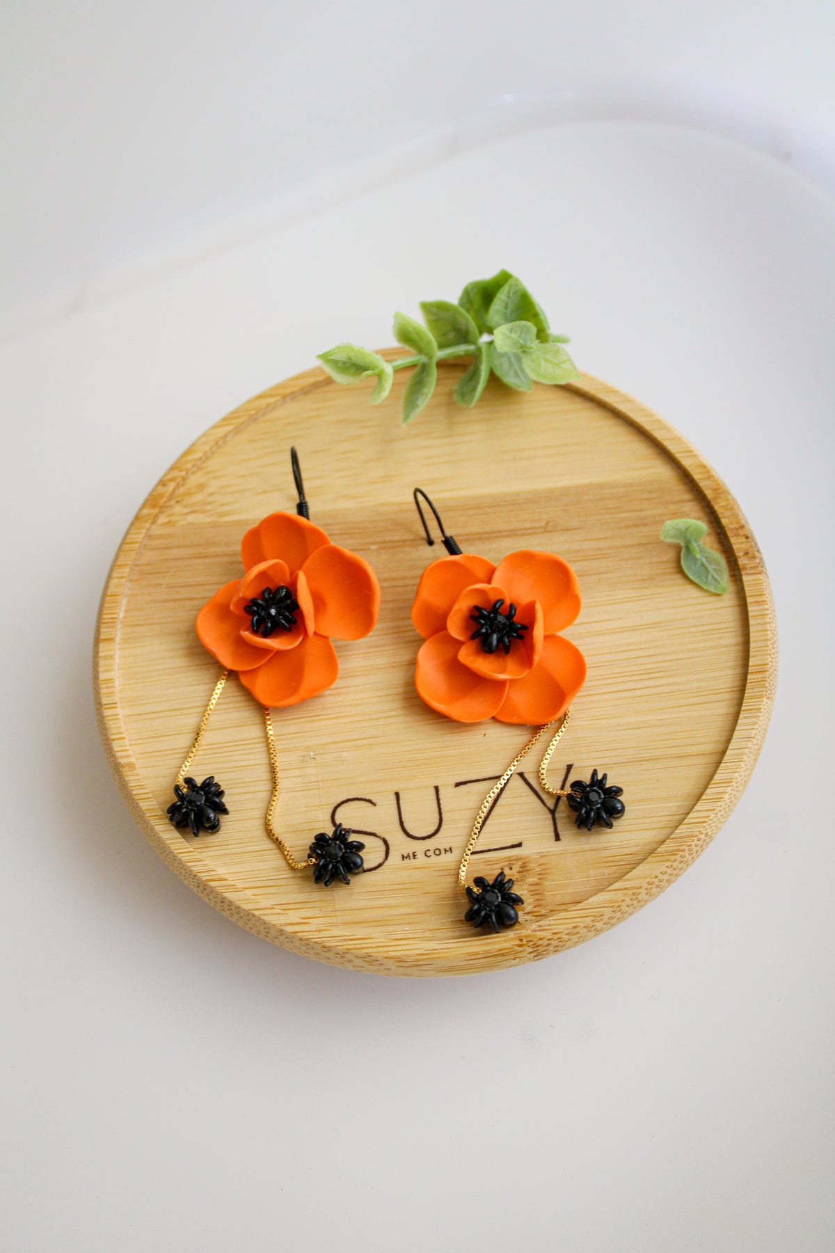 LH7 Floral Spider Earrings – Cute Halloween Polymer Clay Lightweight Orange Dangle Earrings | Hypoallergenic Stainless Steel | Gift for Her | Boutique.