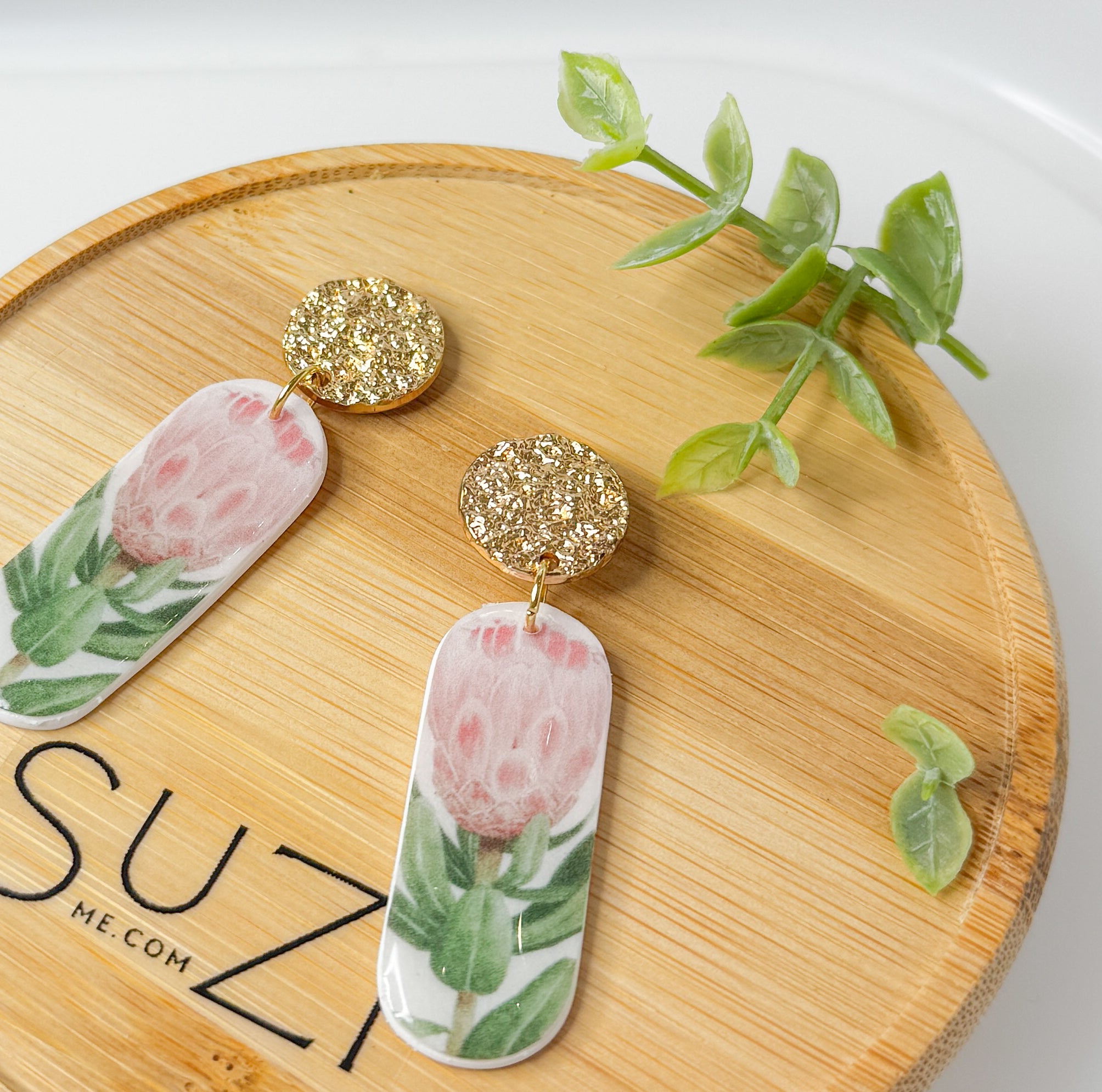 P2 Protea Flower Jewelry, Elegant South African Inspired Artisan Handmade Earrings, Unique Gifts for Her, Natural soft tones, Gold Bow