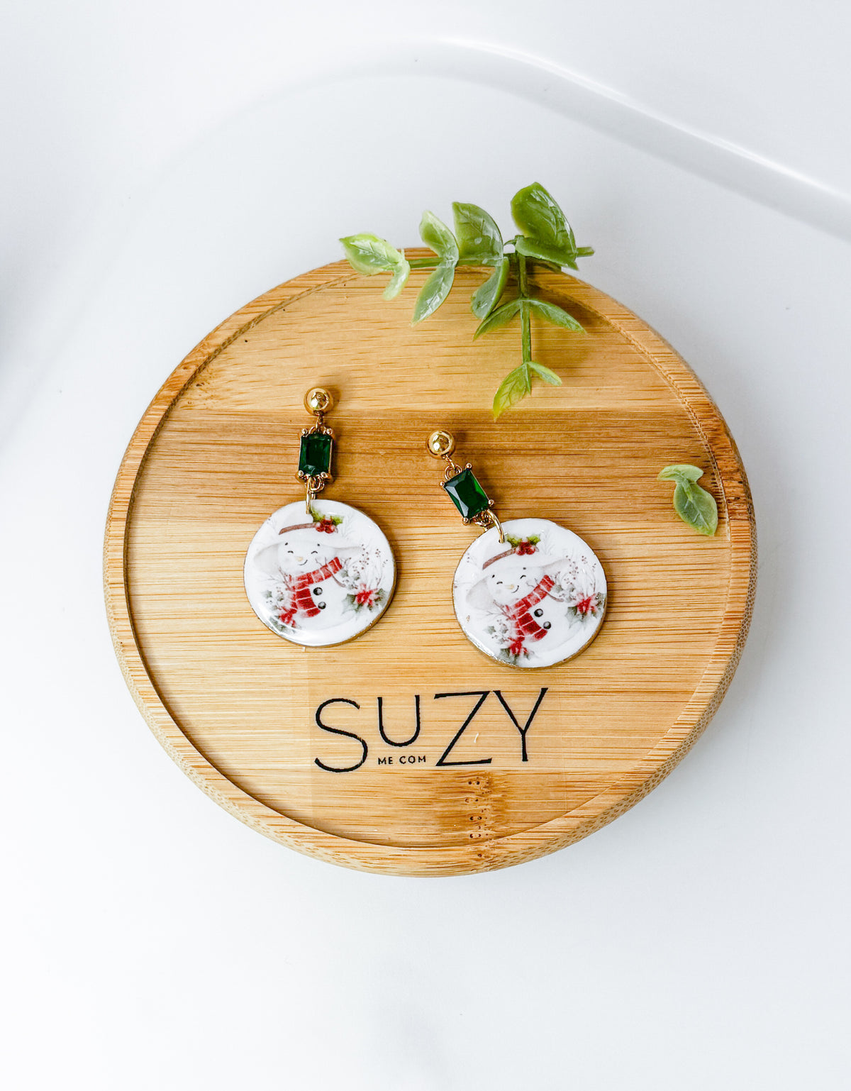 Christmas Snowman Drop Earrings with Emerald Red/Green Crystal Accents – Festive Winter Holiday Jewelry