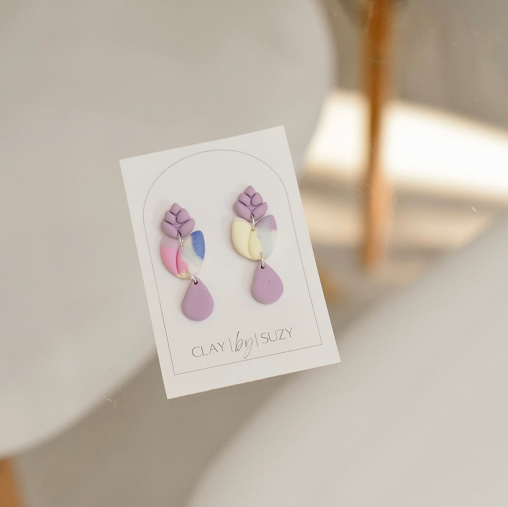 LD1 Lavender Leaf Elegant Everyday Lightweight Dangles, Purple, Pink, Blue, Polymer Clay Earrings, Boutique Gift for Her