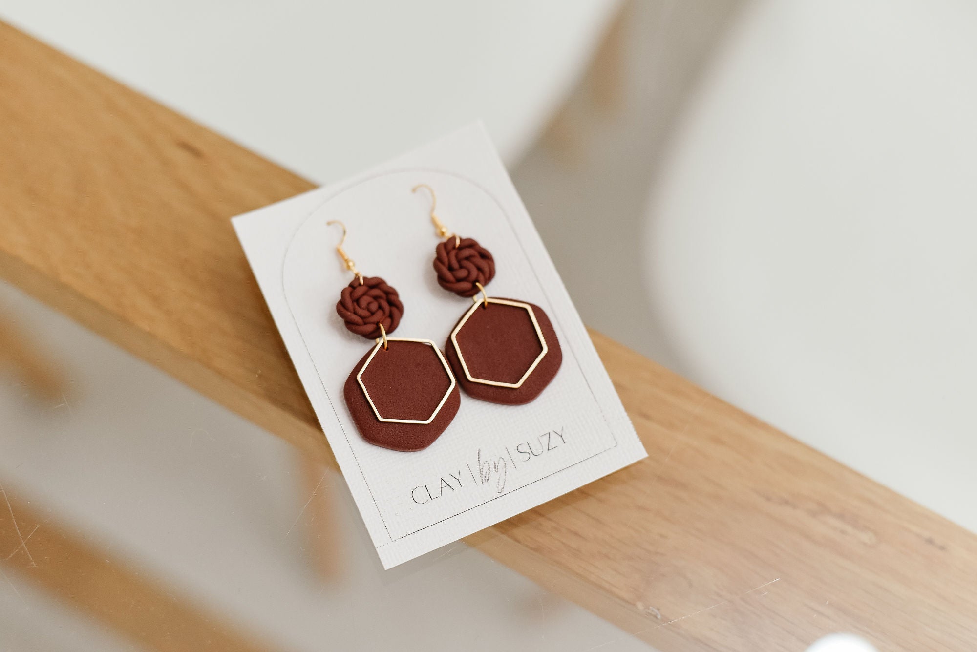 BH2 Boho Dangle Earrings – Neutral Earth Tone Polymer Clay Jewelry – Brown Caramel Burnt Orange Statement Earrings – Lightweight Handmade
