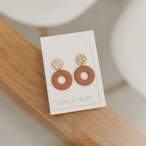 BH3 Boho Dangle Earrings – Neutral Earth Tone Polymer Clay Jewelry – Brown Caramel Burnt Orange Statement Earrings – Lightweight Handmade