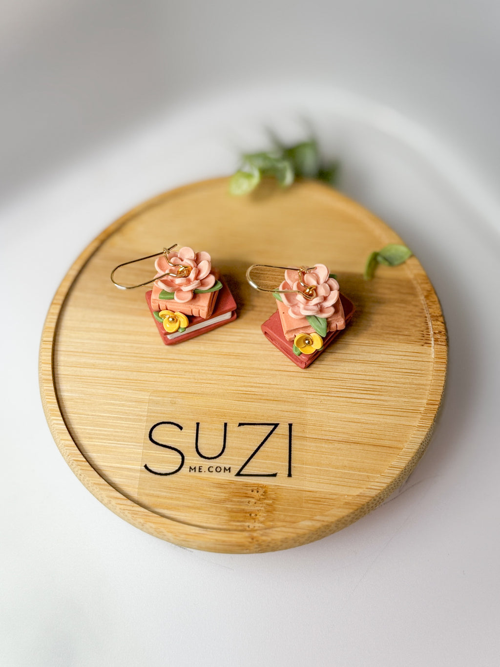 PUG1 Dainty Floral Bookish Inspired Earrings, Handmade Polymer Clay Dangle, Gift, Soft Colors