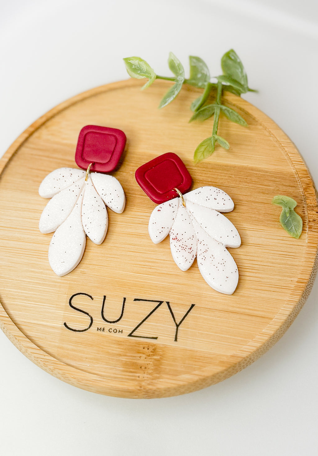 White Glitter Leaf Dangle Earrings – Burgundy Red Geometric Studs, Handmade Polymer Clay Winter Statement Jewelry