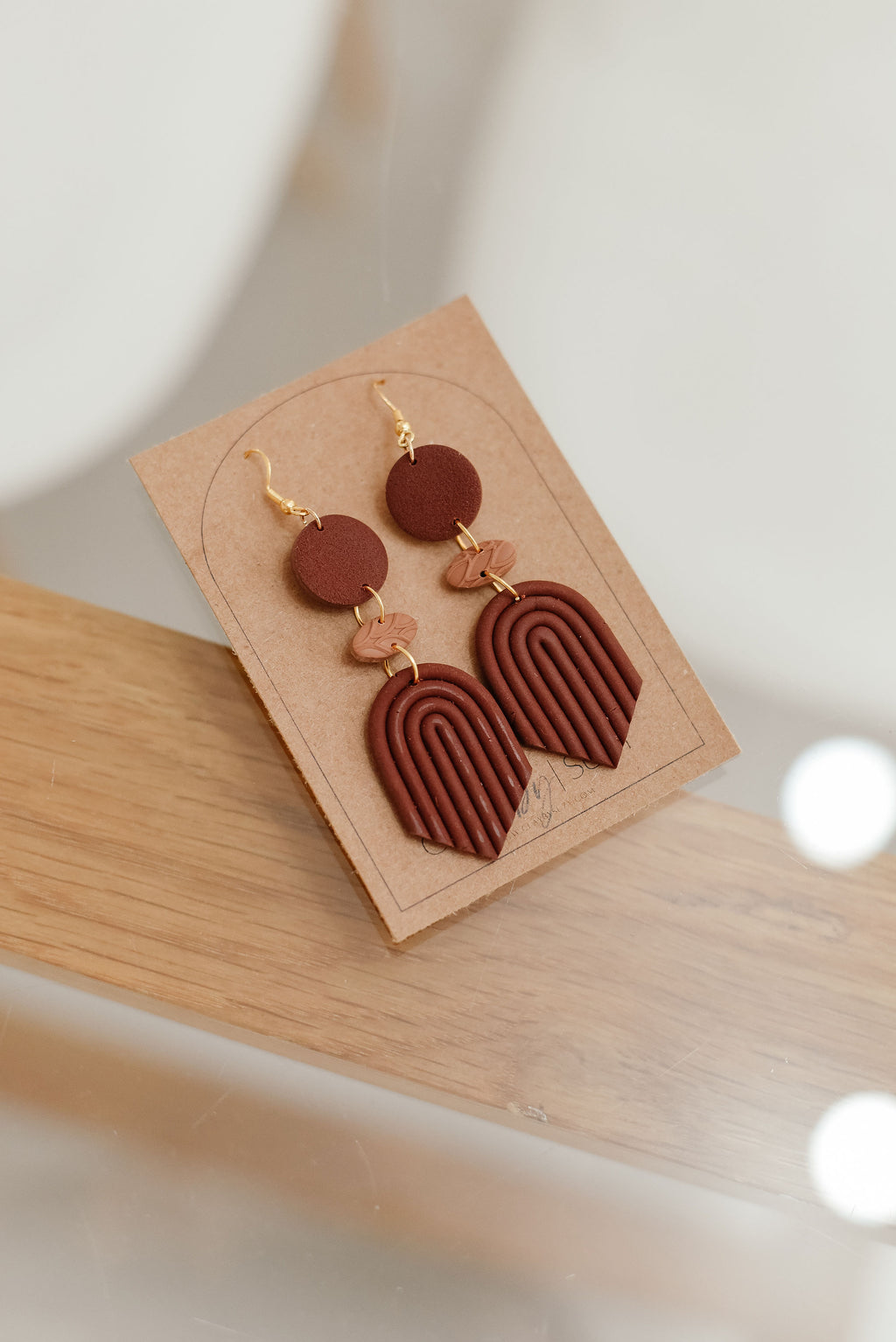BH1 Boho Dangle Earrings – Neutral Earth Tone Polymer Clay Jewelry – Brown Caramel Burnt Orange Statement Earrings – Lightweight Handmade