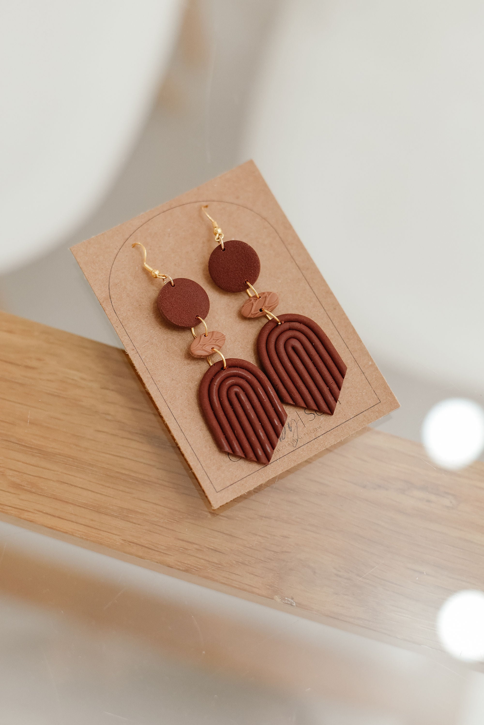 BH1 Boho Dangle Earrings – Neutral Earth Tone Polymer Clay Jewelry – Brown Caramel Burnt Orange Statement Earrings – Lightweight Handmade
