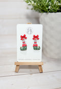 Christmas Elf Shoe Dangle Earrings – Cute Red and Green Polymer Clay Holiday Earrings with Bow Studs, Whimsical Gift