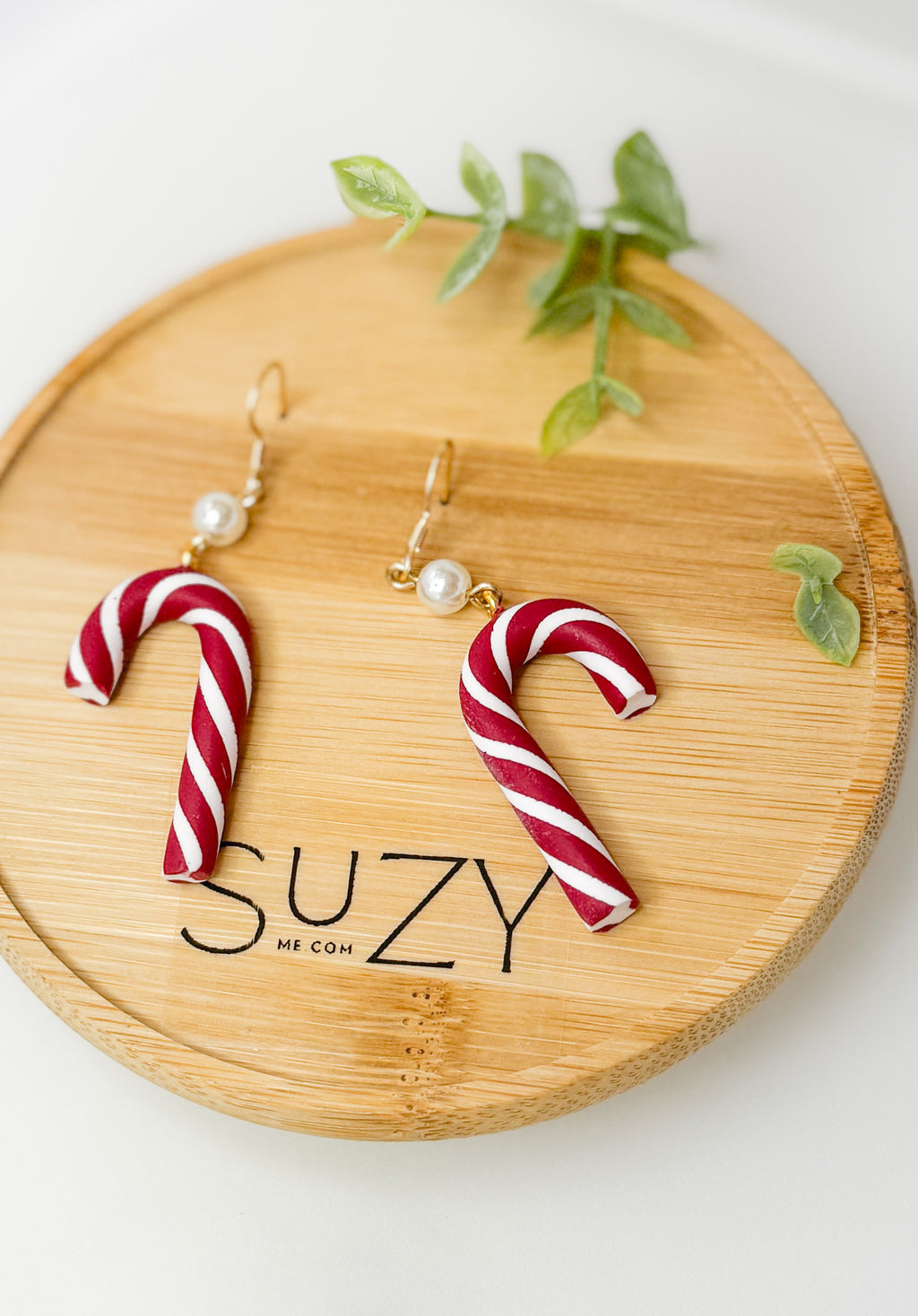 Handmade Christmas Candy Cane Earrings – Red and White Polymer Clay Dangles with Pearl Accents, Holiday Jewelry Gift