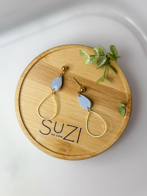 DIANA1 Small Teardrop Dangle Earring, Gold and Blue, Lightweight Polymer Clay Handmade Earrings, Everyday Wear