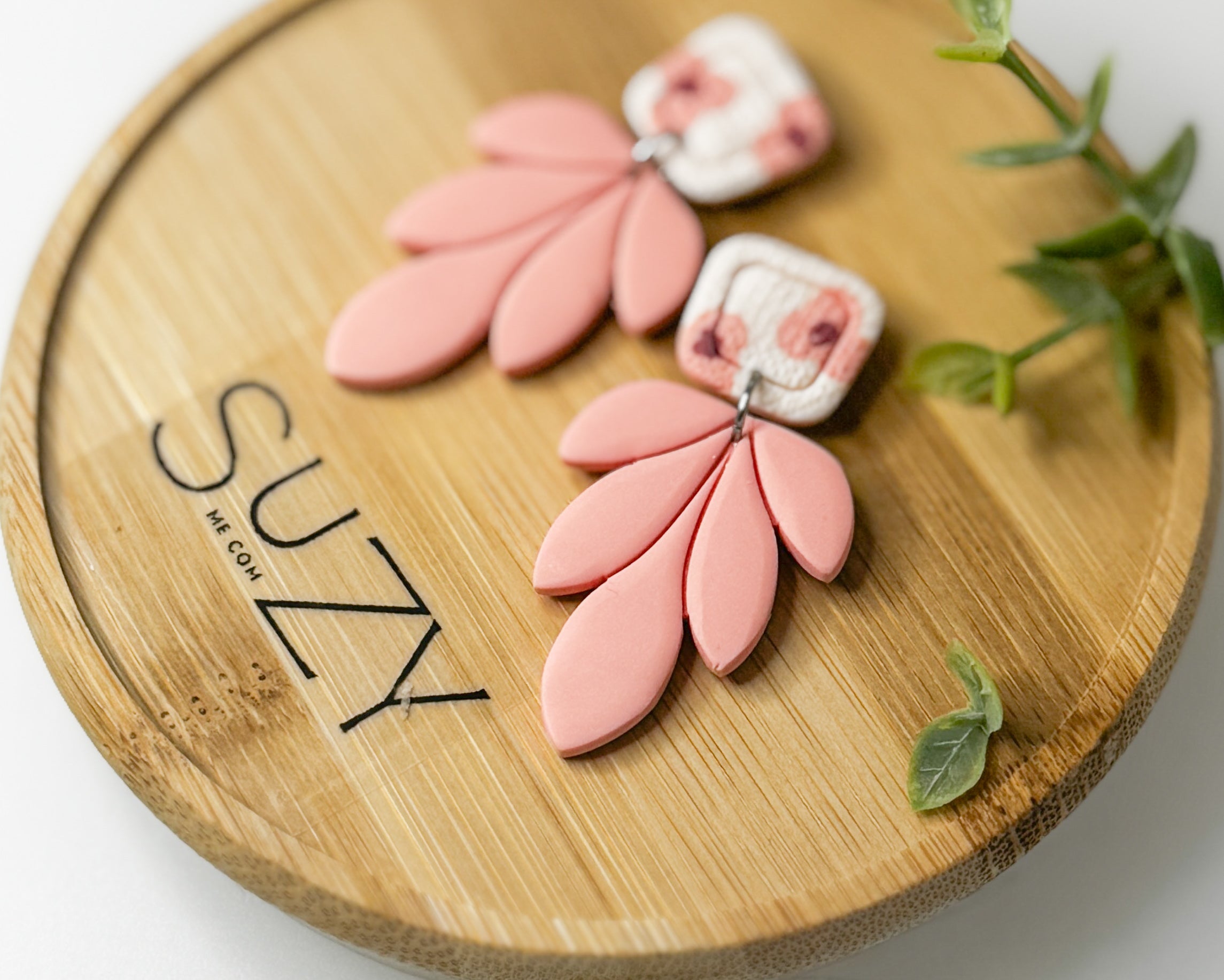 PLF6 Pink Coral Geo Bloom Dangle Earrings – Lightweight Polymer Clay Statement Jewelry