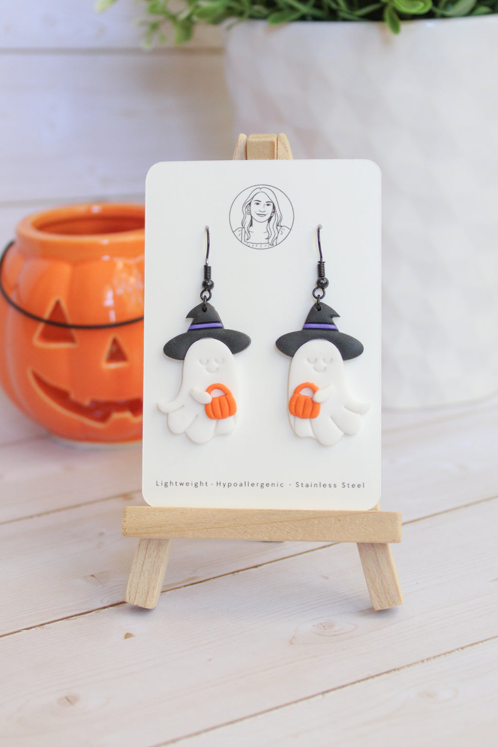 LH2 Witch Ghost Pumpkin Earrings – Cute Halloween Polymer Clay Lightweight Dangle Earrings | Hypoallergenic Stainless Steel | Gift for Her | Boutique