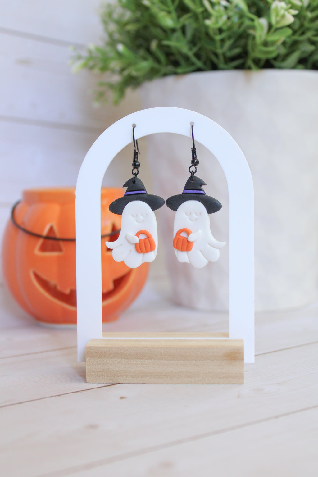LH2 Witch Ghost Pumpkin Earrings – Cute Halloween Polymer Clay Lightweight Dangle Earrings | Hypoallergenic Stainless Steel | Gift for Her | Boutique
