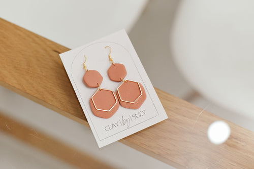 BH2 Boho Dangle Earrings – Neutral Earth Tone Polymer Clay Jewelry – Brown Caramel Burnt Orange Statement Earrings – Lightweight Handmade
