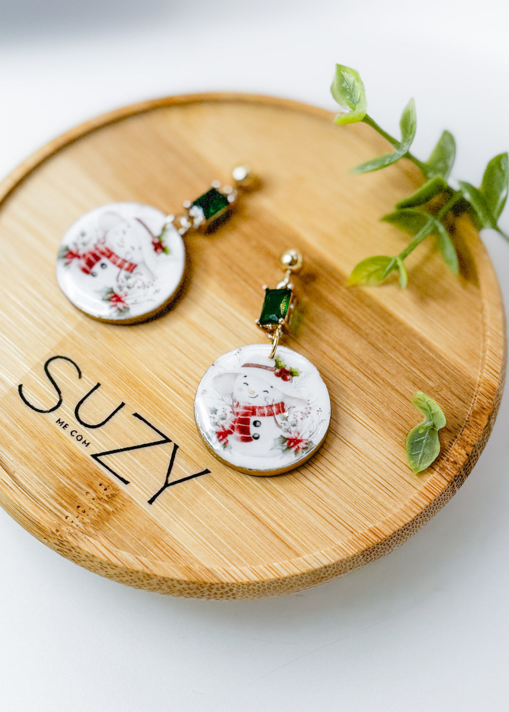 Christmas Snowman Drop Earrings with Emerald Red/Green Crystal Accents – Festive Winter Holiday Jewelry