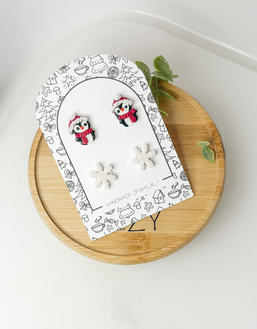 Christmas Stud Earring Set – Mini Penguin & snowflake, Handmade Polymer Clay Holiday Jewelry