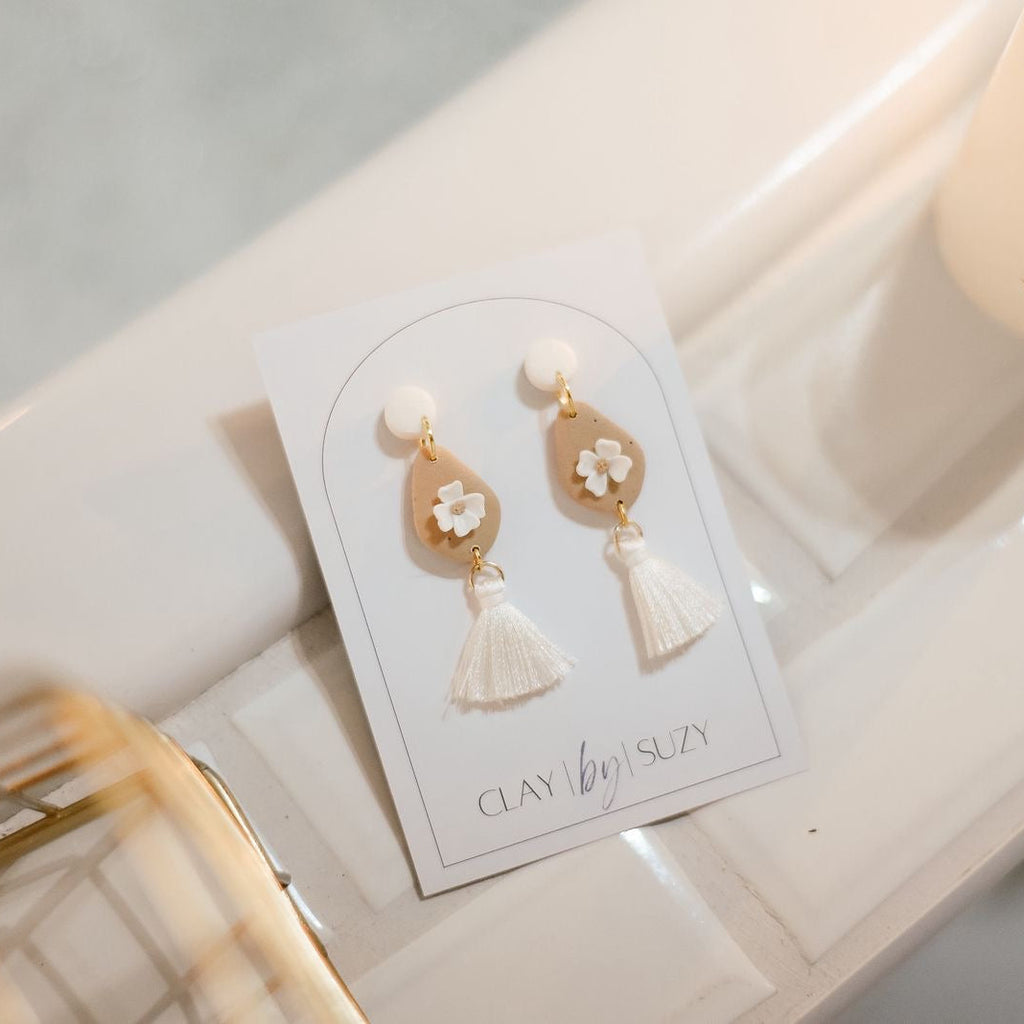 Floral Teardrop Elegant Lightweight Dangles, White and cream, Polymer Clay Earrings, Boutique Gift for Her