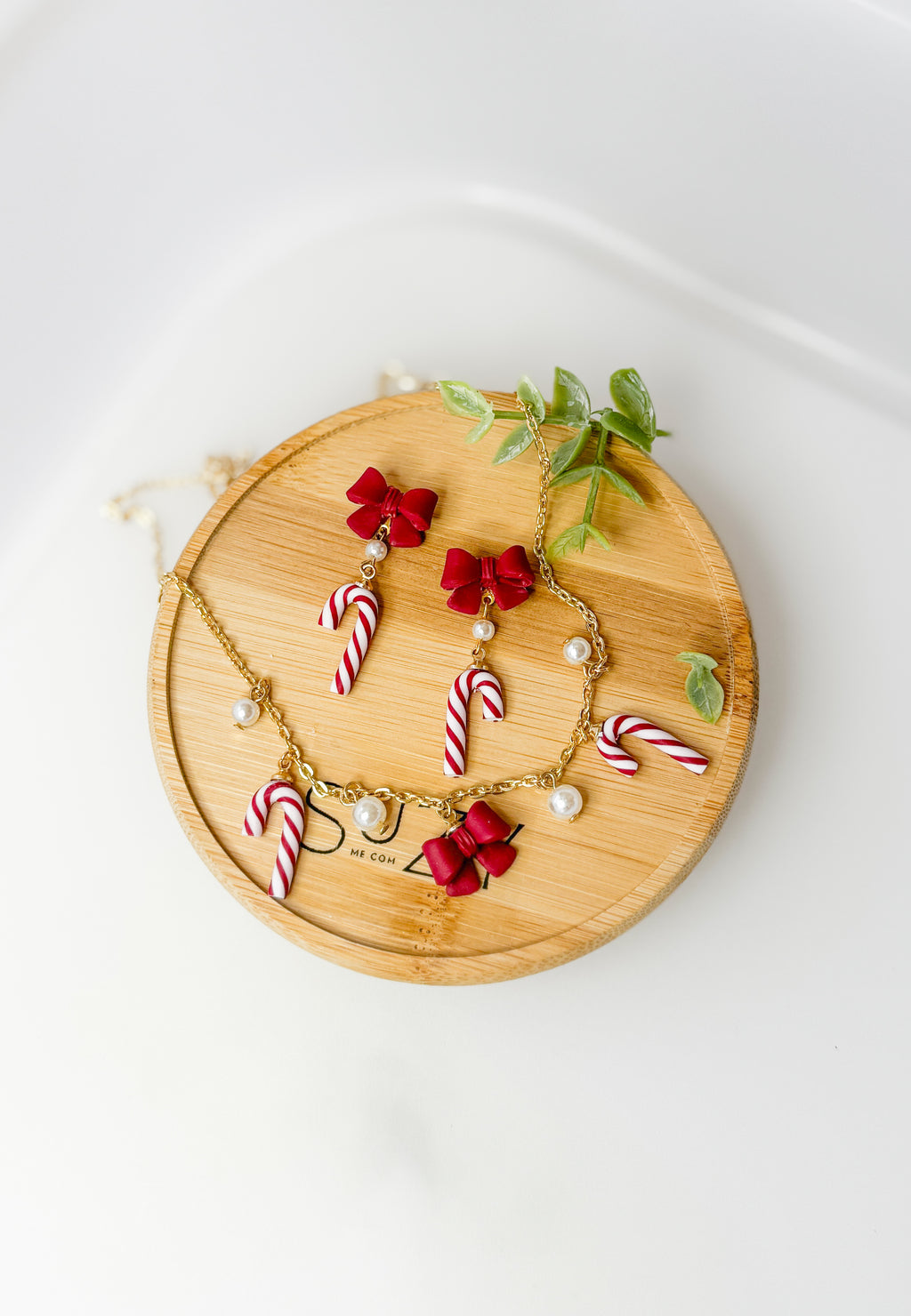 Handmade Christmas Candy Cane & Bow Earrings, Necklace – Red and White Polymer Clay with Pearl Accents, Holiday Jewelry Gift