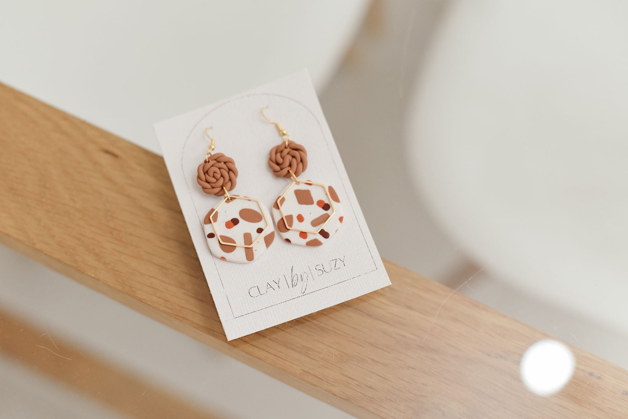 BH2 Boho Dangle Earrings – Neutral Earth Tone Polymer Clay Jewelry – Brown Caramel Burnt Orange Statement Earrings – Lightweight Handmade