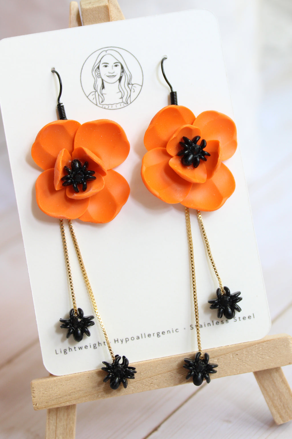 LH7 Floral Spider Earrings – Cute Halloween Polymer Clay Lightweight Orange Dangle Earrings | Hypoallergenic Stainless Steel | Gift for Her | Boutique.