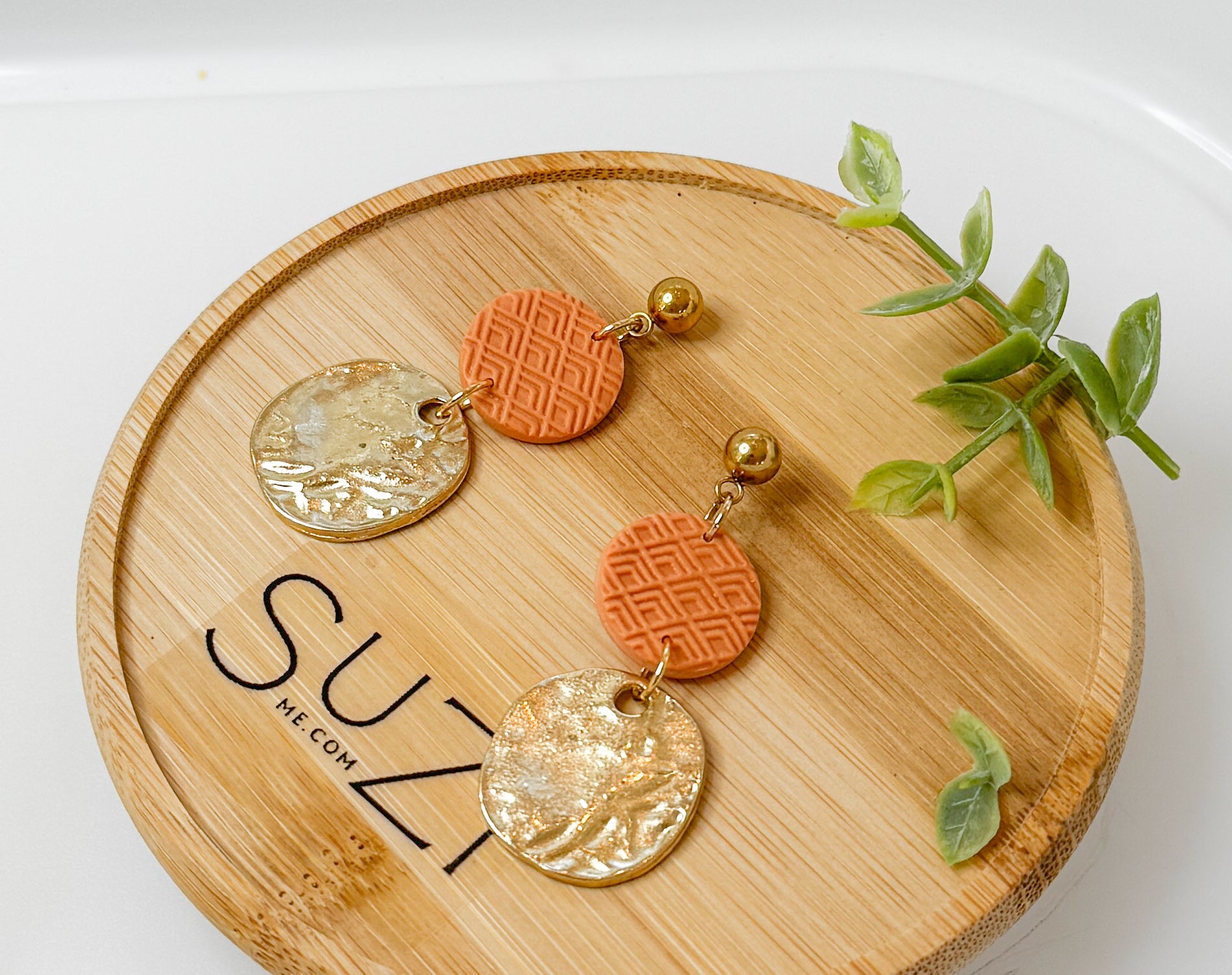 Golden Round Everyday Polymer Clay Handmade Dangle Earrings, Floral, Pink, Warm colors, Gift for her