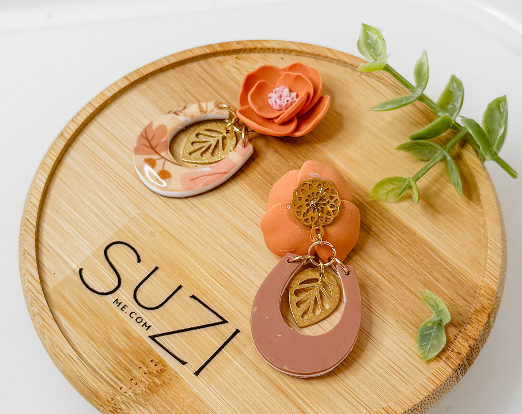 F5 Golden Hour Floral Clay Earrings – Lightweight Warm Tone Statement Jewelry