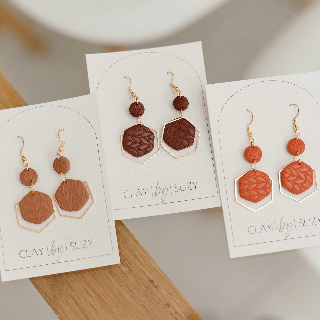 BH4 Boho Dangle Earrings – Neutral Earth Tone Polymer Clay Jewelry – Brown Caramel Burnt Orange Statement Earrings – Lightweight Handmade