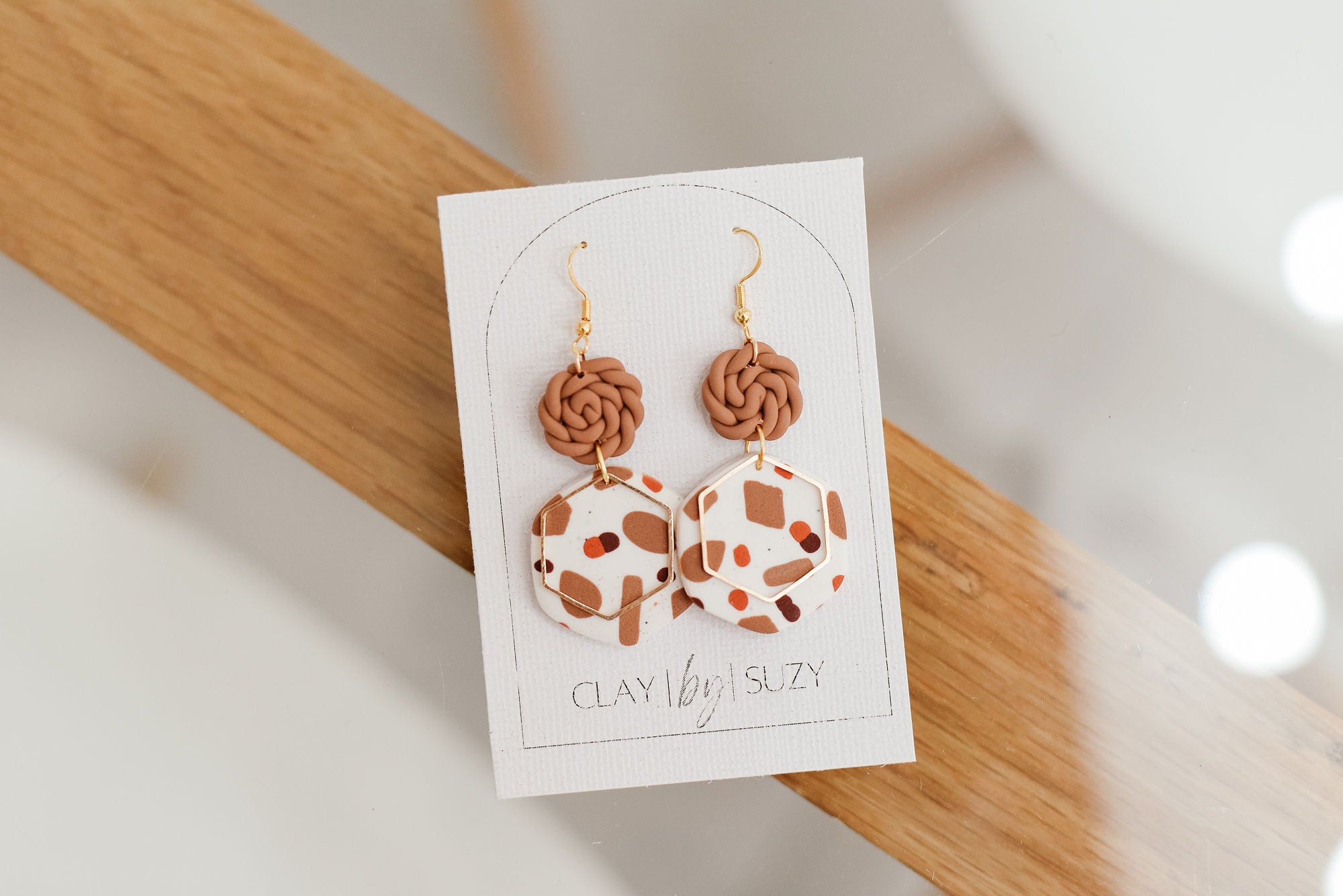 BH2 Boho Dangle Earrings – Neutral Earth Tone Polymer Clay Jewelry – Brown Caramel Burnt Orange Statement Earrings – Lightweight Handmade