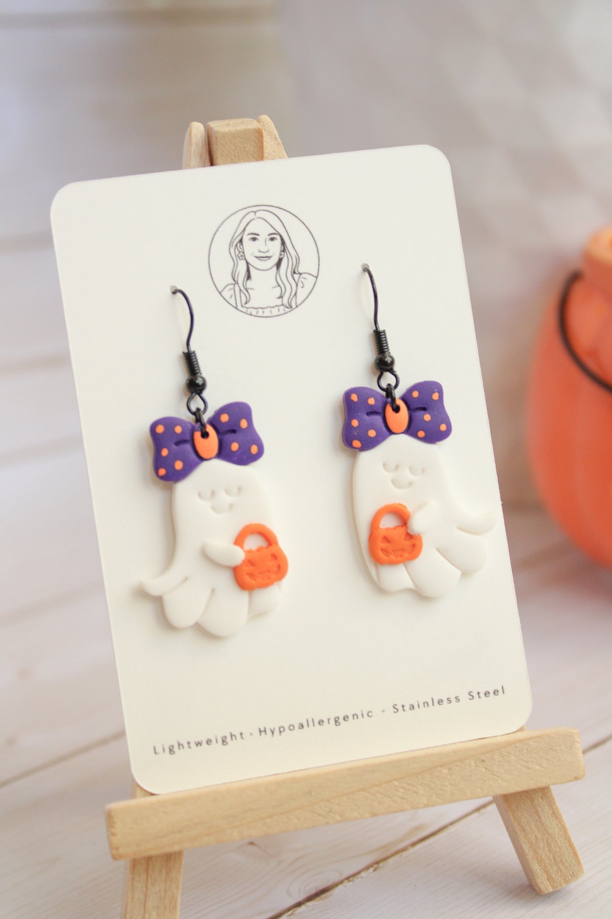 LH1 Ghost Bow Earrings – Cute Halloween Polymer Clay Lightweight Dangle Earrings | Hypoallergenic Stainless Steel | Gift for Her | Boutique