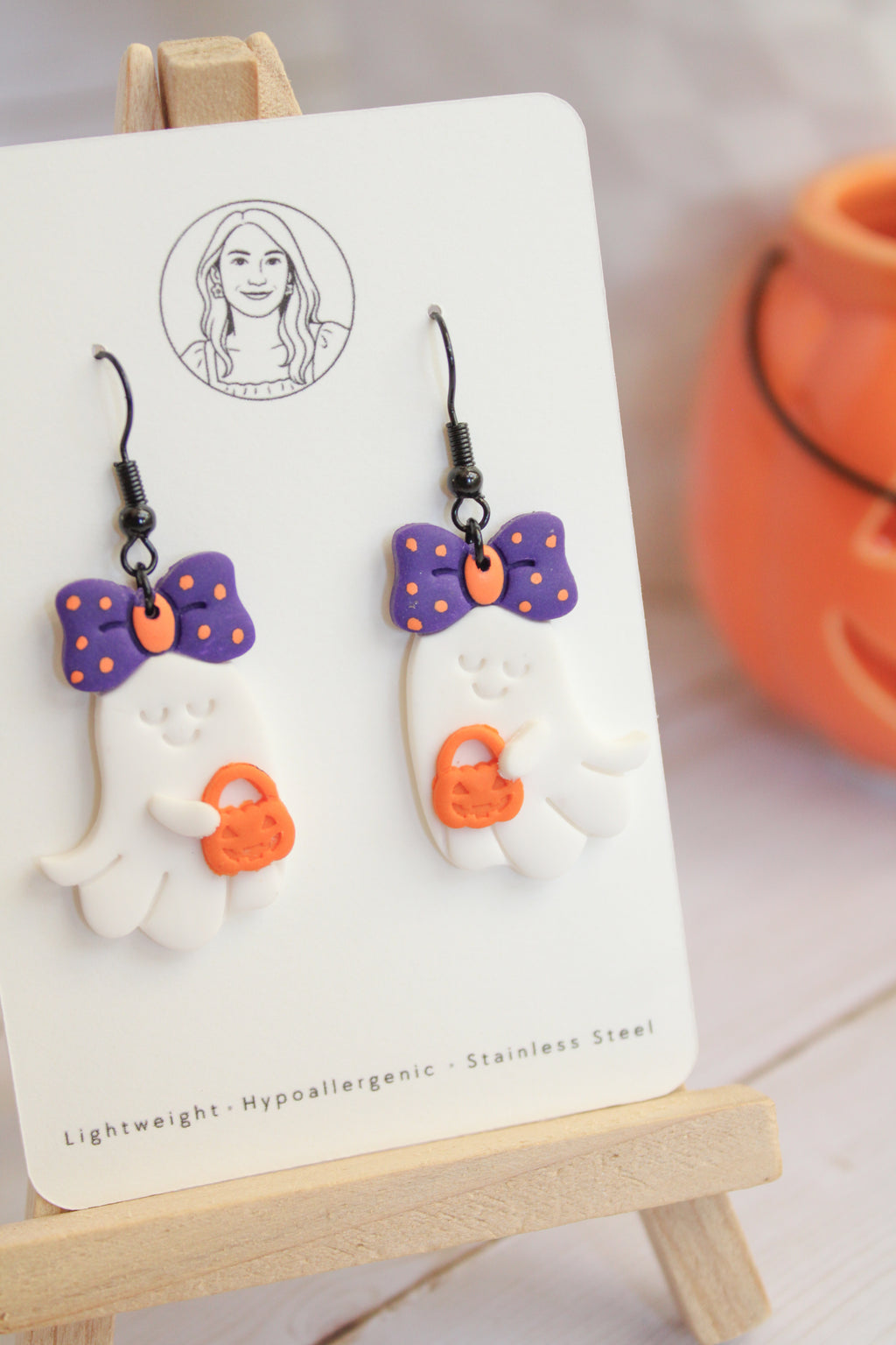 LH1 Ghost Bow Earrings – Cute Halloween Polymer Clay Lightweight Dangle Earrings | Hypoallergenic Stainless Steel | Gift for Her | Boutique