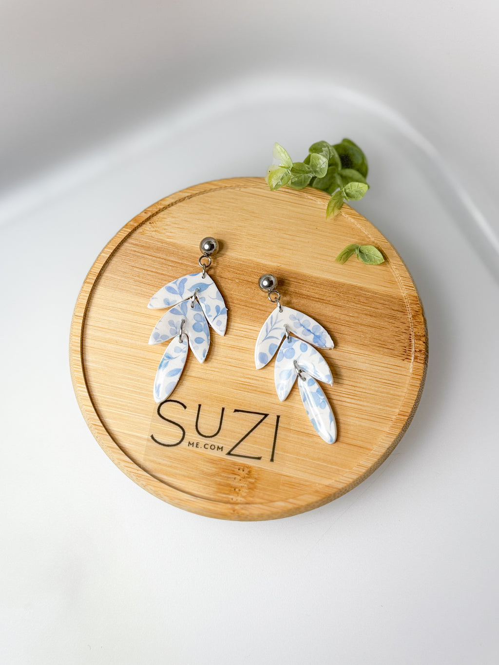 Elegant Blue Leaf Drop Earrings, Triple Dangle Design, Lightweight Polymer Clay Jewelry