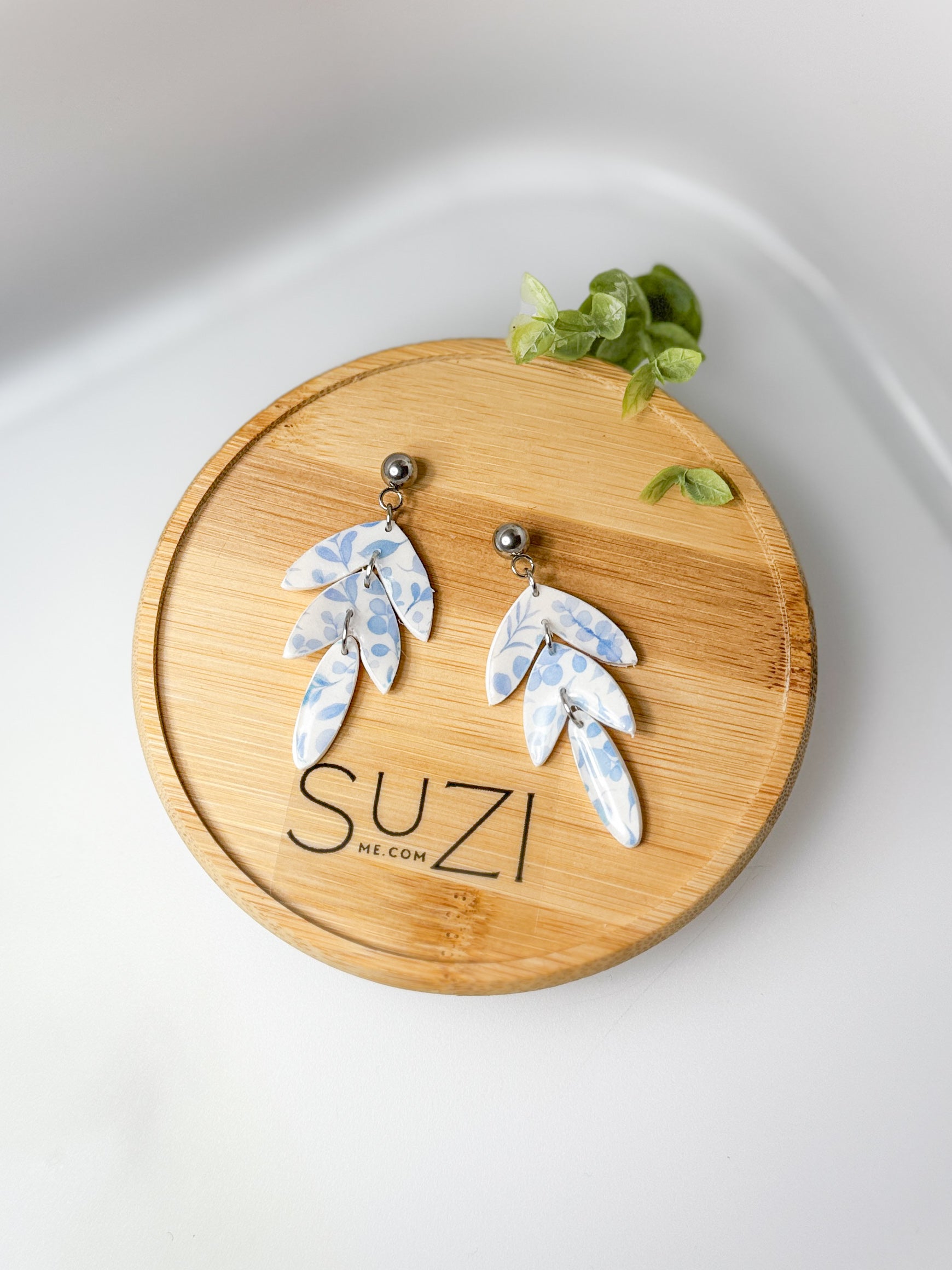 Elegant Blue Leaf Drop Earrings, Triple Dangle Design, Lightweight Polymer Clay Jewelry