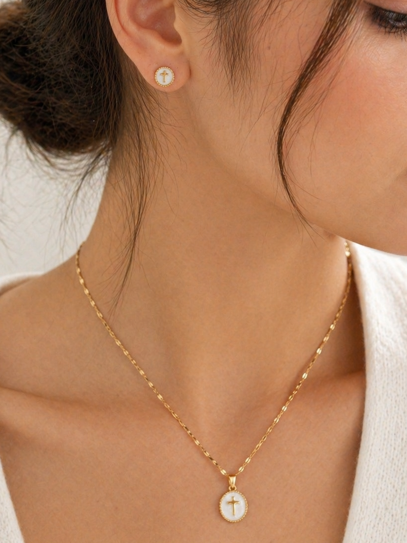 RG14 Faith Inspired Cross Earring & Necklace Set | Christian Gift | Delicate Jewelry | Stainless Steel Gold Plated Fine Jewelry