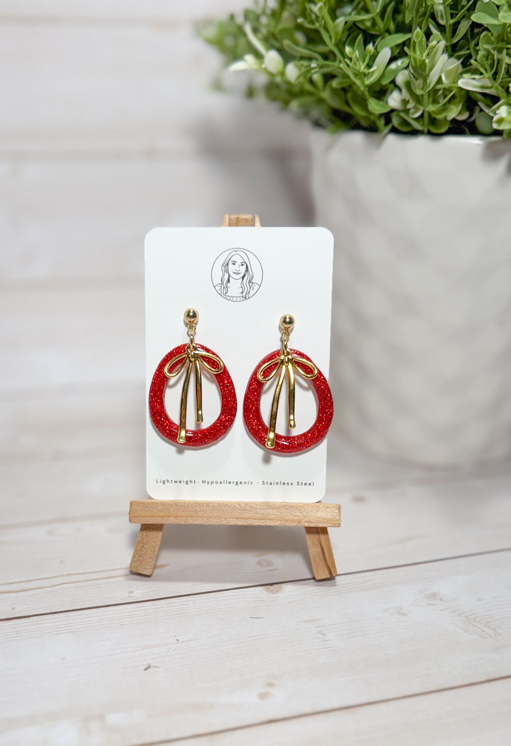 Red Glitter Christmas Earrings – Gold Bow Holiday Statement Dangles, Handmade Festive Jewelry for Women