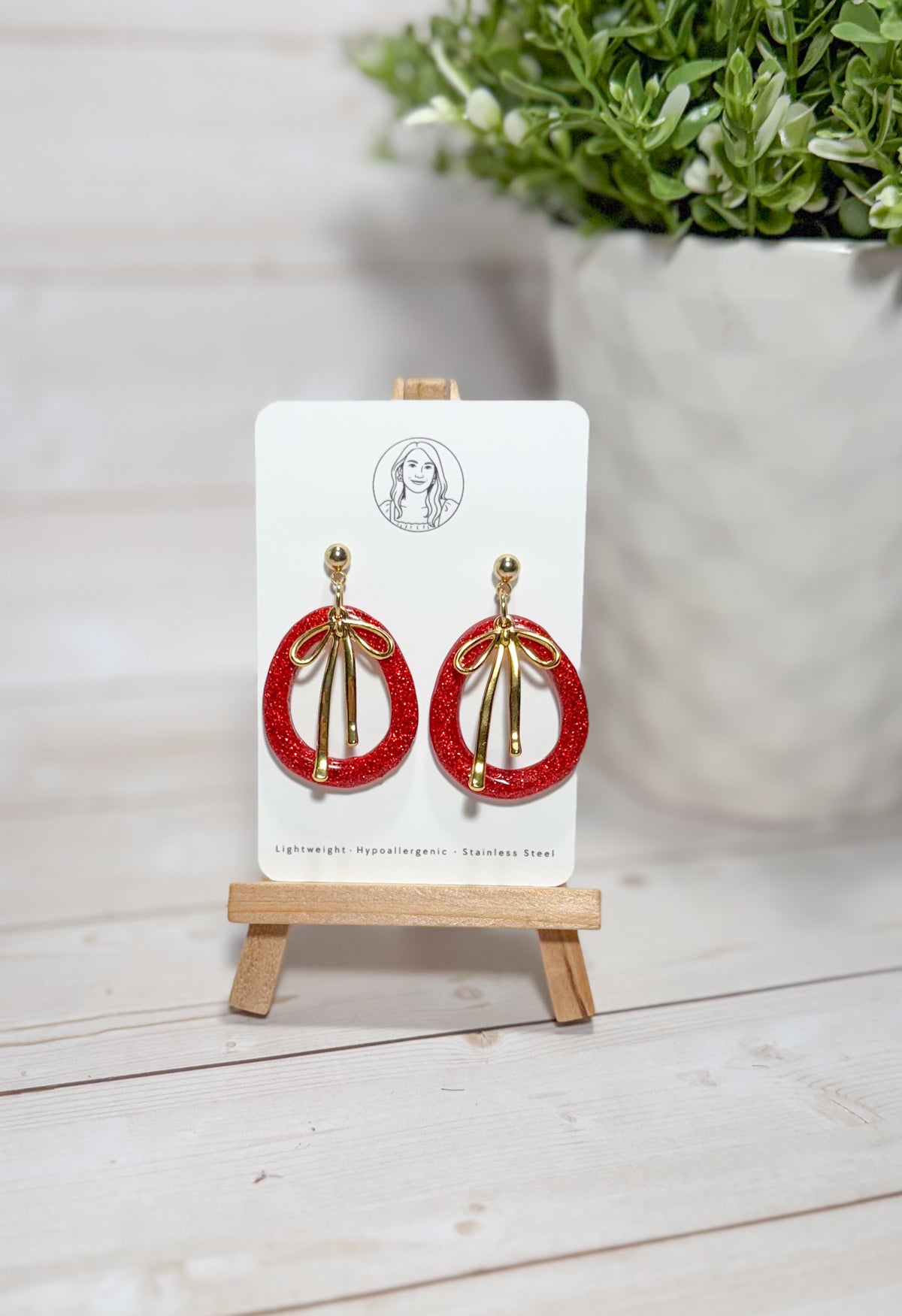 Red Glitter Christmas Earrings – Gold Bow Holiday Statement Dangles, Handmade Festive Jewelry for Women