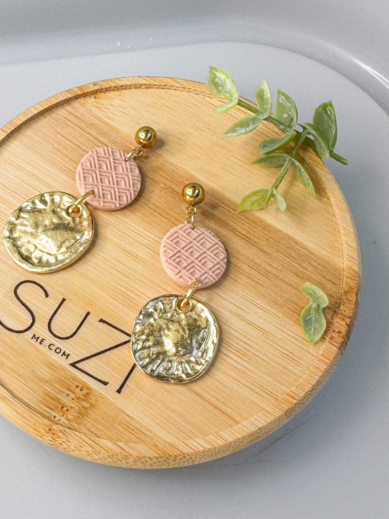 Golden Round Everyday Polymer Clay Handmade Dangle Earrings, Floral, Pink, Warm colors, Gift for her