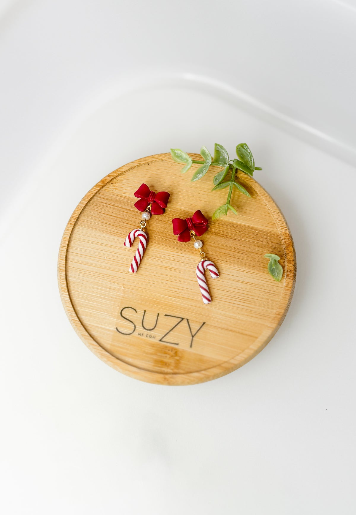 Handmade Christmas Candy Cane & Bow Earrings, Necklace – Red and White Polymer Clay with Pearl Accents, Holiday Jewelry Gift