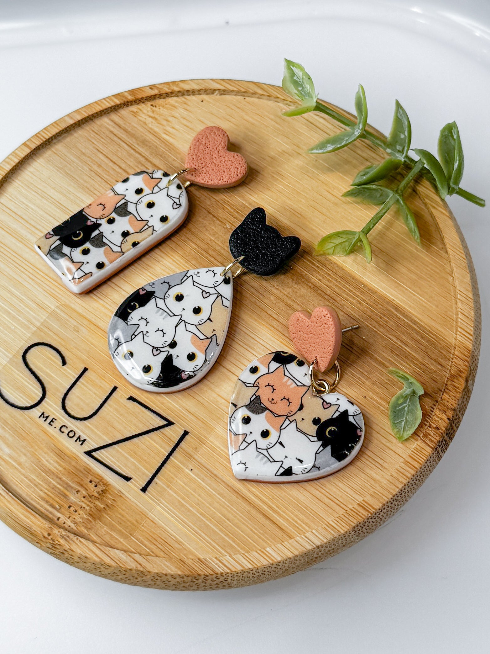 CL3 Cat Lover Jewelry, Cat Earrings, Handmade Polymer Clay Earrings, Cute Animal Lover Gift, Gold