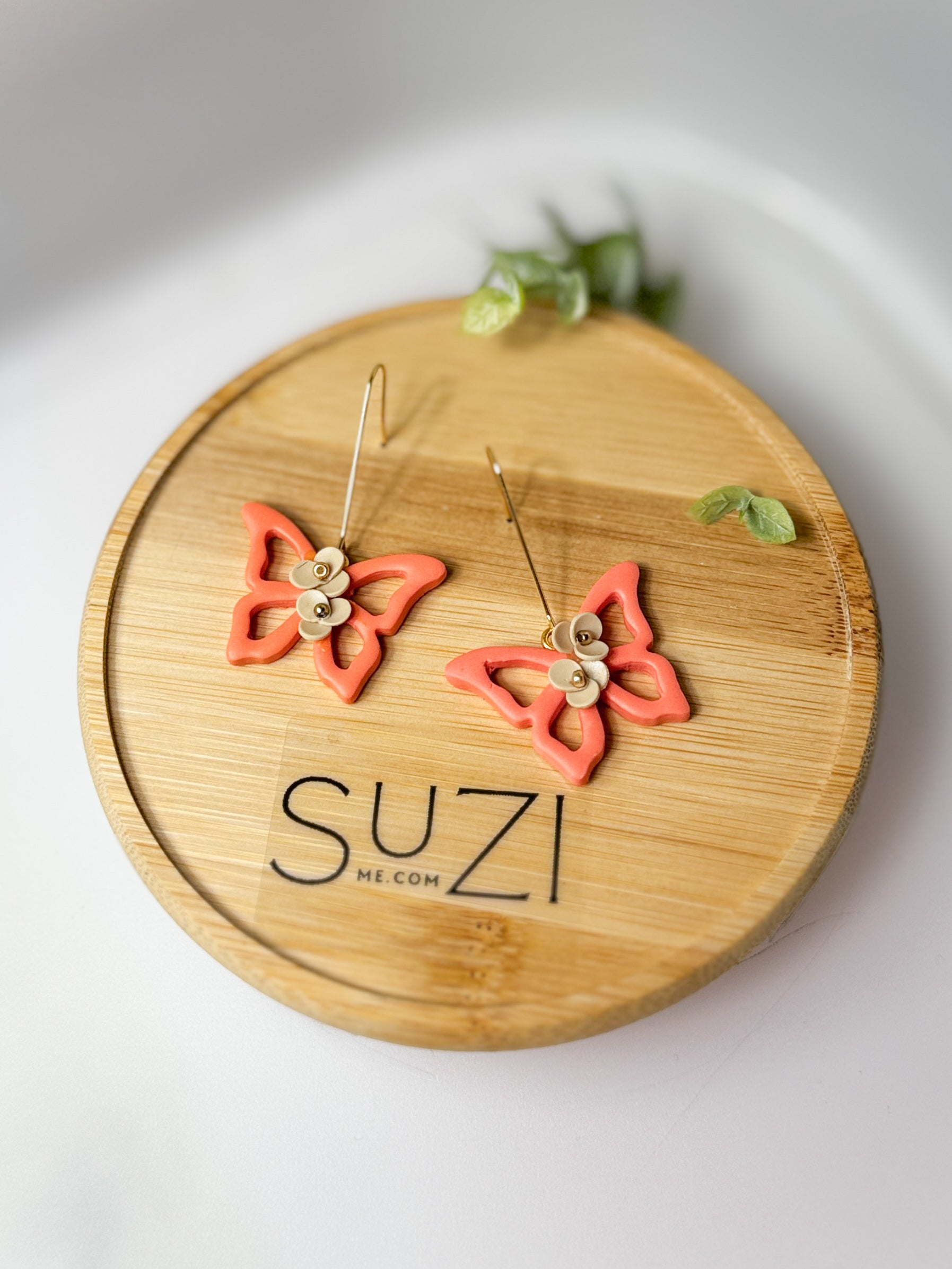 BF1 Butterfly Dangle Earring, Handmade Polymer Clay Statement Earrings, Animal Insect Inspired, Purple and Coral, Floral