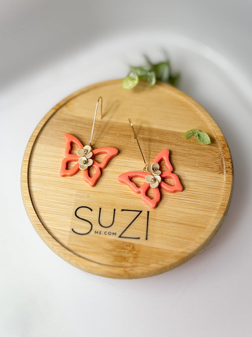 BF1 Butterfly Dangle Earring, Handmade Polymer Clay Statement Earrings, Animal Insect Inspired, Purple and Coral, Floral